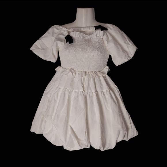 Square-Neck Bow Pleated Ruffle A-Line Mini Dress - Picture 2 of 13